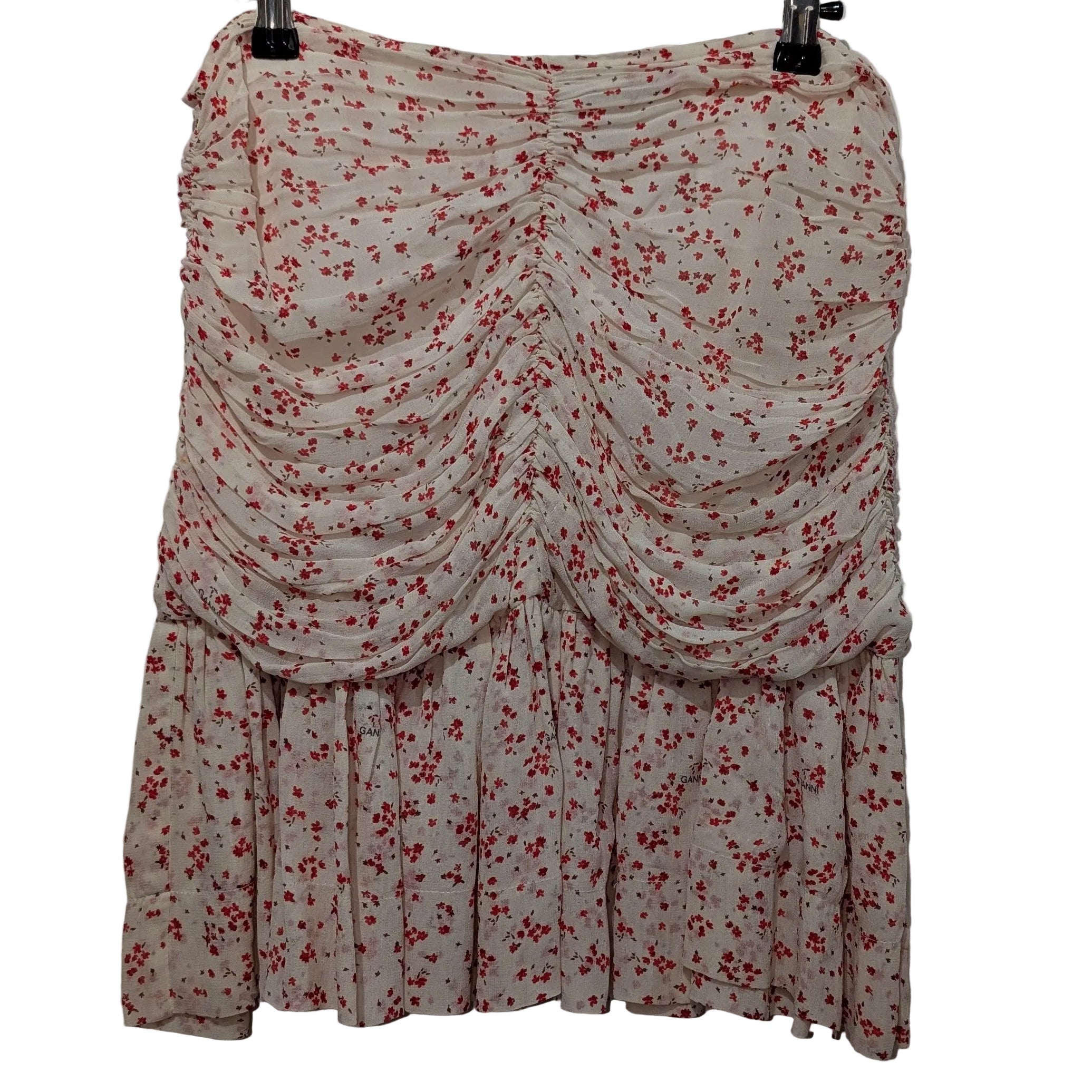 Ganni white & red floral ruched skirt